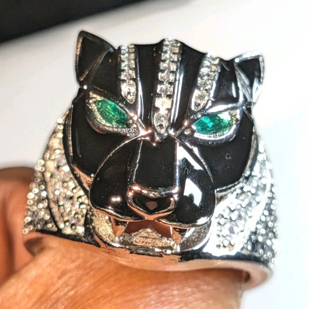Retro 3Ct Round Cut Lab-Created Diamond Onyx Men's Black Panther Ring Sz 12 - Picture 16 of 17